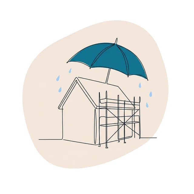Maison avec un échafaudage le long du pignon, protégée par un grand parapluie