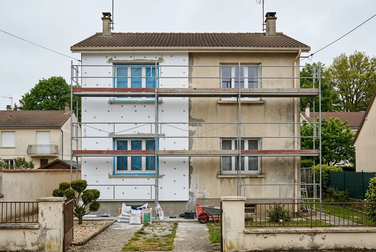 Façade d’une maison des années 1970 à moitié recouverte de panneaux isolants